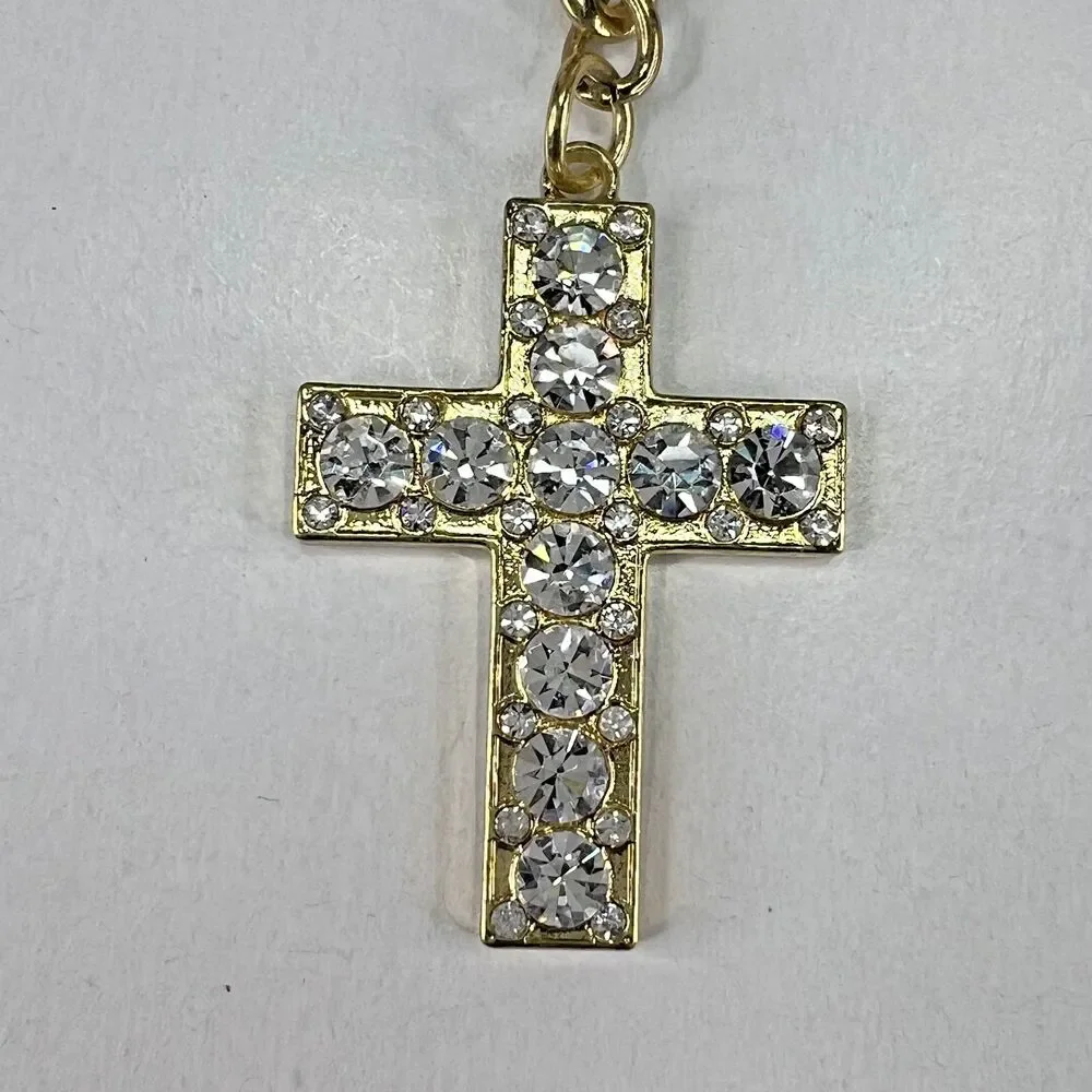 Gemstone Gold Cross Religious Christian Catholic Keychain Keyring 1.75